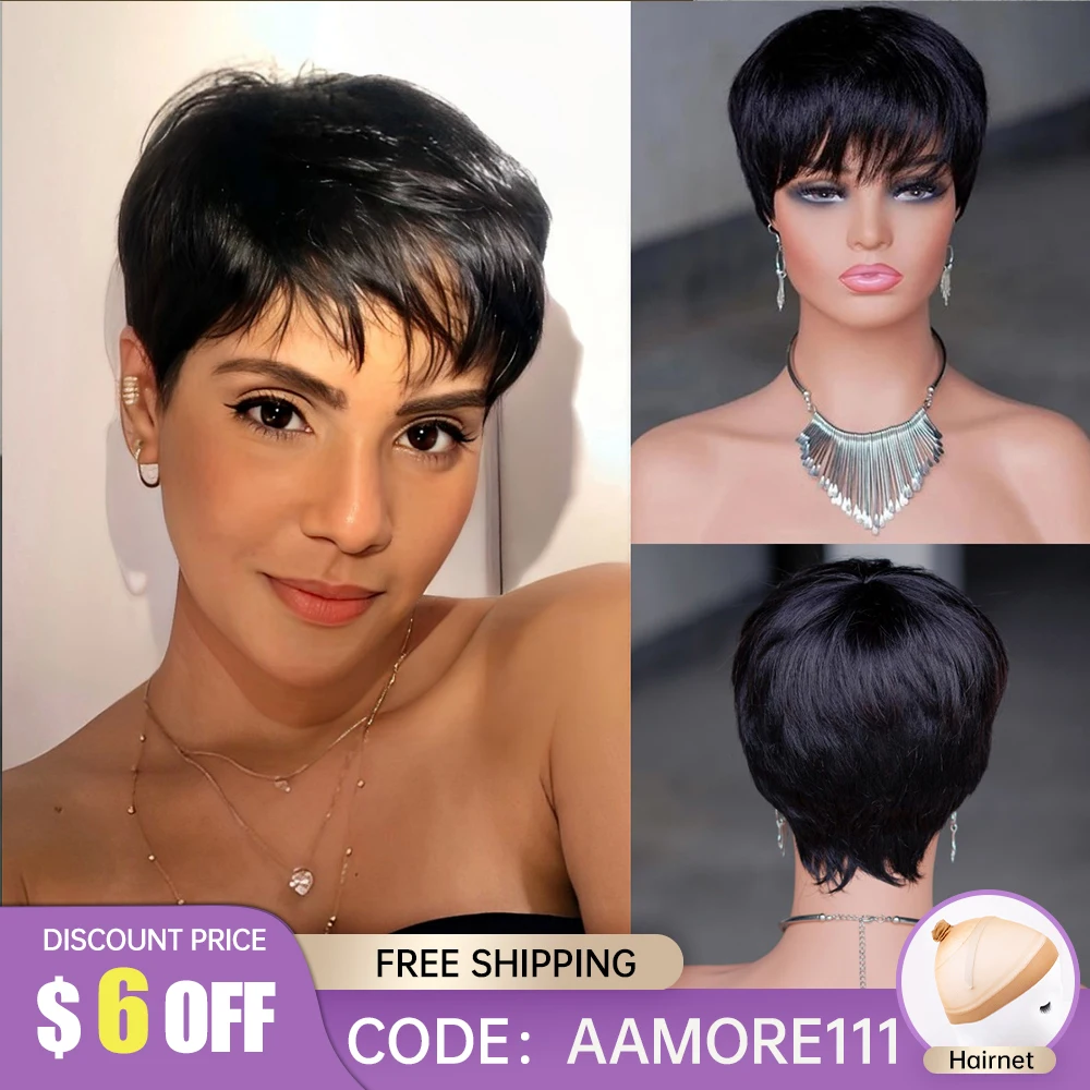 

Pixie Cut 100% Remy Human Hair Wigs Short Black Real Straight Hair Wigs with Bangs Full Mechanism Human Hair Wigs for Afro Women