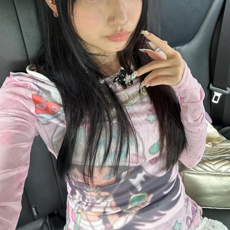 Nuova subcultura millenaria hot girls Y2k Top vintage a maniche lunghe in stile high street fashion, versatile e alla moda