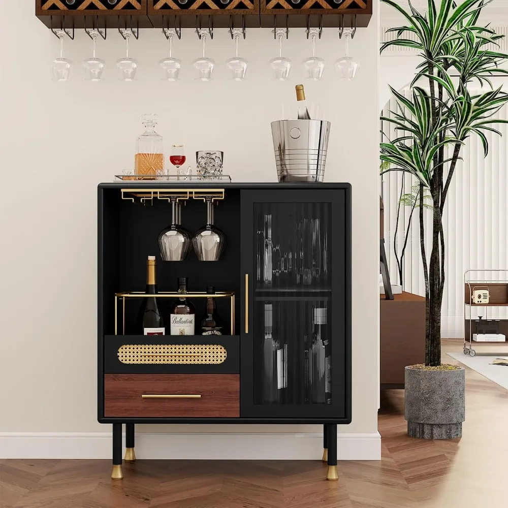 Contemporary Black Bar Cabinet with Pull-Out Wine Rack and Storage Drawers for Kitchen