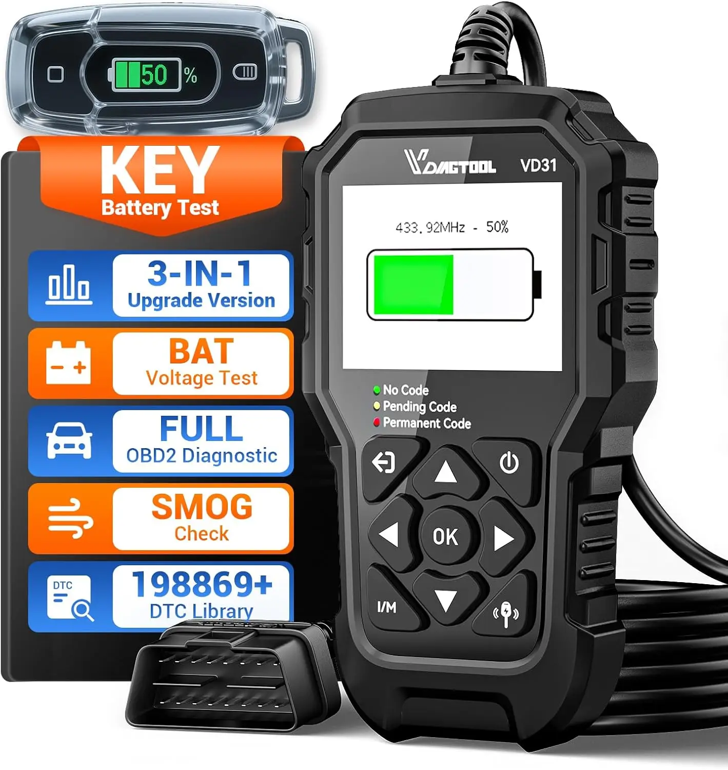 

3-in-1 OBD2 Scanner with Key & Car Battery Tester, Engine Code Reader for All Vehicles 1996+