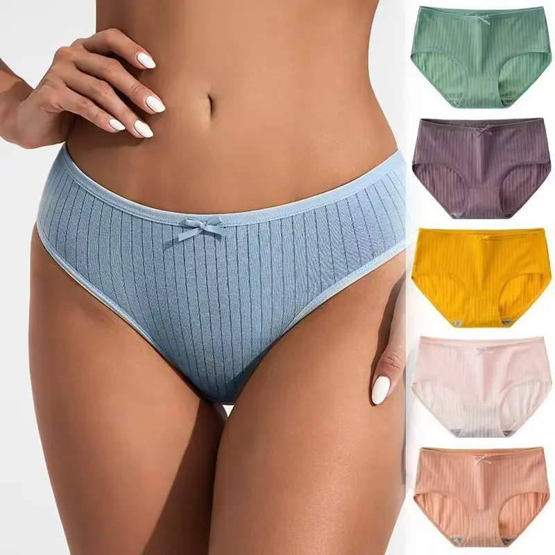 4Pcs/Set Ribbed Cotton Briefs Low Rise Mini Bow Decor Panties Comfy Breathable Casual Underwear Soft Daily Intimate M-XL