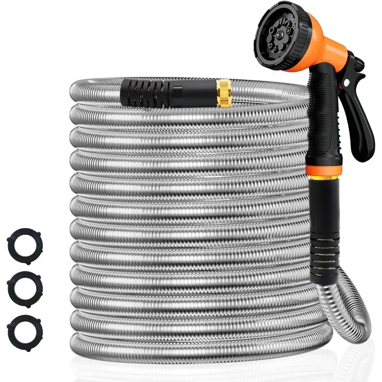 

Garden Hose 100FT Stainless Steel Water Hose with 10 Functions Adjustable Spray Nozzle, Heavy-Duty Metal Garden Hose