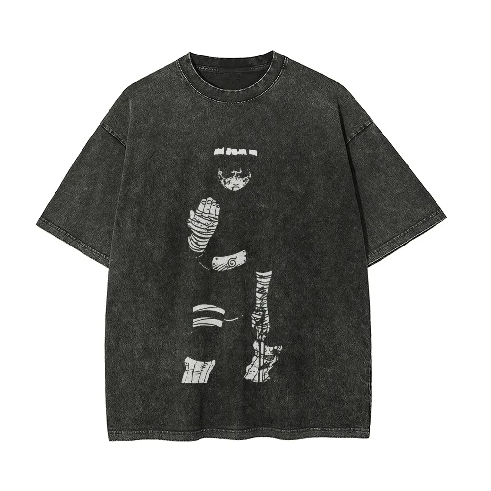 Naruto Rock Lee T-Shirt Eight Gates Vintage Acid Wash Streetwear Übergroßes Retro Anime Grafik Baumwoll-Herren-T-Shirt Kleidung