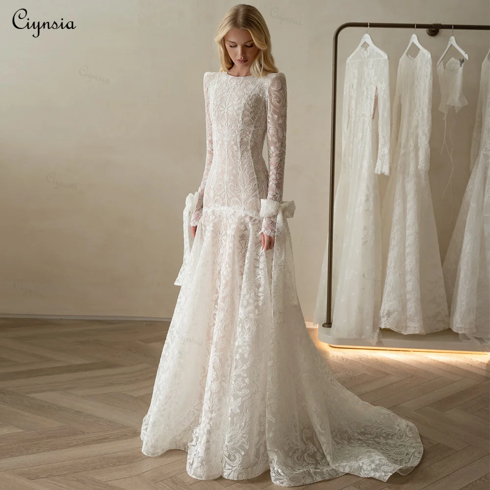 Ciynsia Customized lvory Lace Wedding Dresses for Bride 2026 New O Neck Full Sleeves Mermaid  Modest Bride Gowns Sweap Train