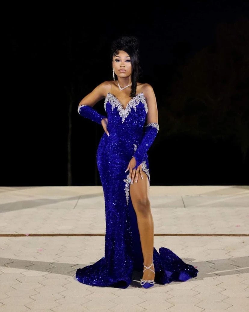 EVLAST Customized Royal Blue Sequins Mermaid Prom Dress For Black Girls High Slit Silver Diamonds Beaded Party Gown TPD92