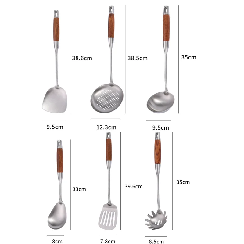 Rosewood Handle Stainless Steel Cookware Set Kitchen Durable Wok Spatula Colander Shovel Cooking Utensil Kitchenware Accessories