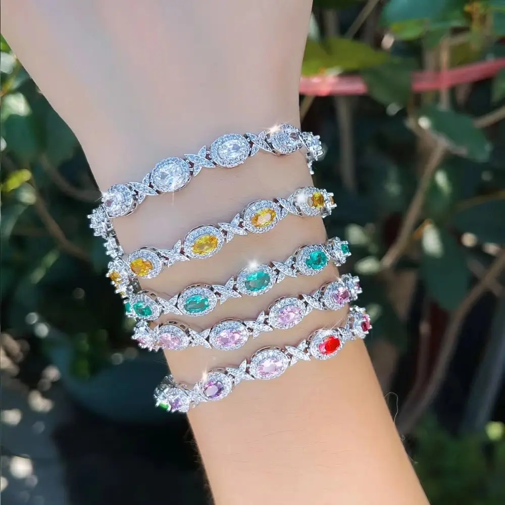 CWWZircons Women Luxury Oval Zirconia Tennis Bracelet Silver Color X Shape Crystal Bangle Multicolor Jewelry Gift for Her S0332