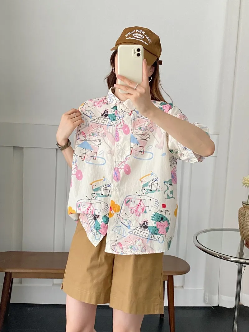 100% Cotton summer Women\'s Hawaiian Shirts Hawaii Beach Print Fashion Resort Clothes Short Sleeve Blouse Large Sizes Tops