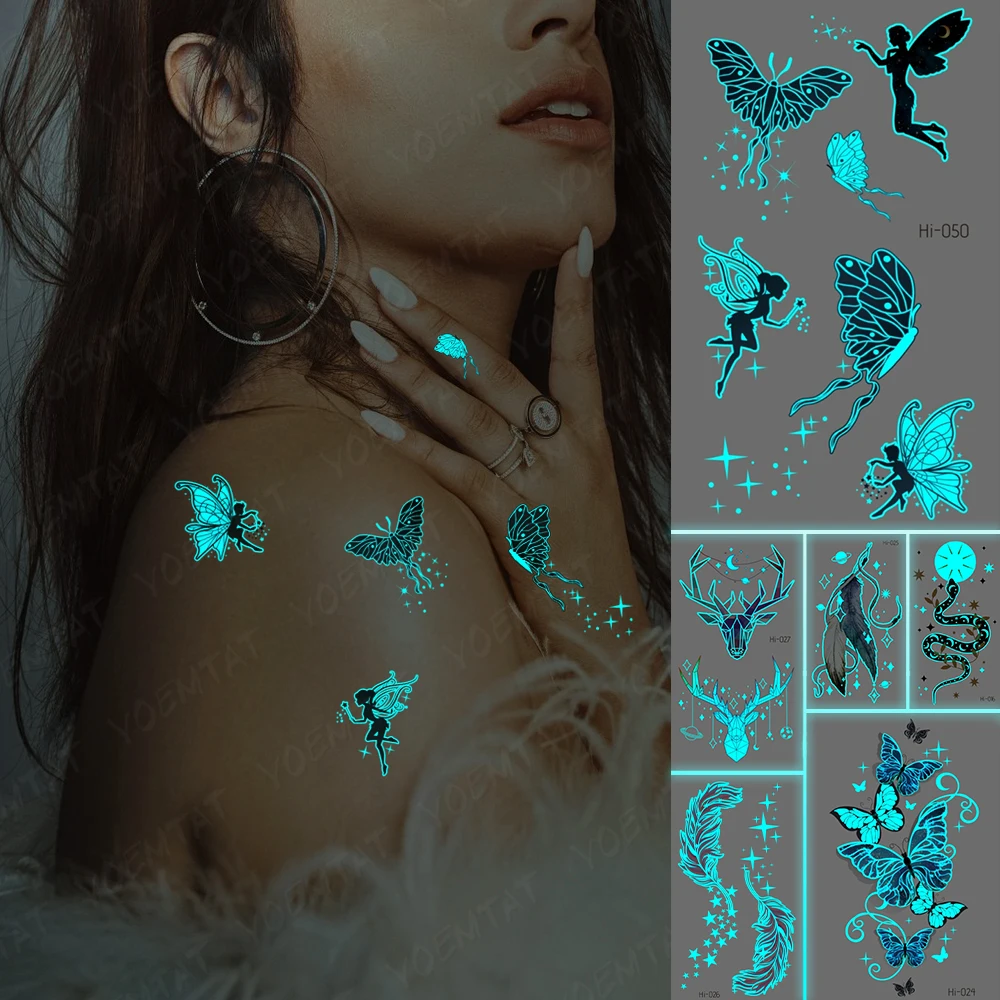 

Blue Luminous Glow Waterproof Temporary Tattoo Sticker Kids Butterfly Elf Wings Glitter Star Hand Finger Flash Tattoos Body Art