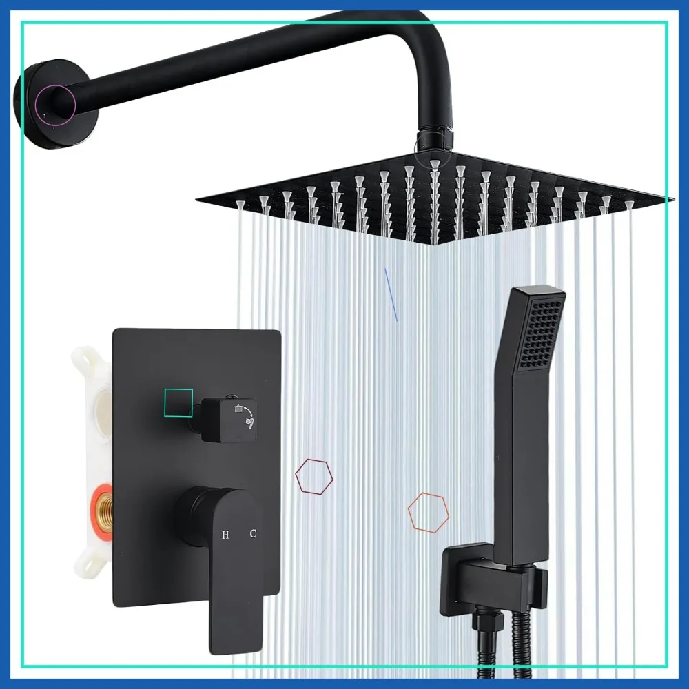 

8 Inch Matte Black Shower Faucet Set with Handheld Spray and Knob Diverter, Wall Mount High Pressure Rainfall System