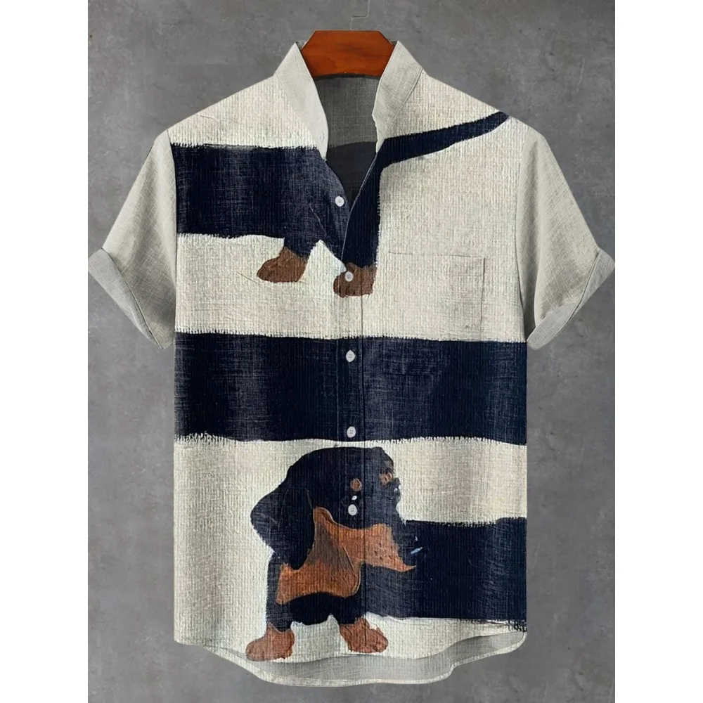

Men's Beautiful Dog Beautiful Printed High Quality Button Top Fashionable Summer casual linen short sleeved shirt