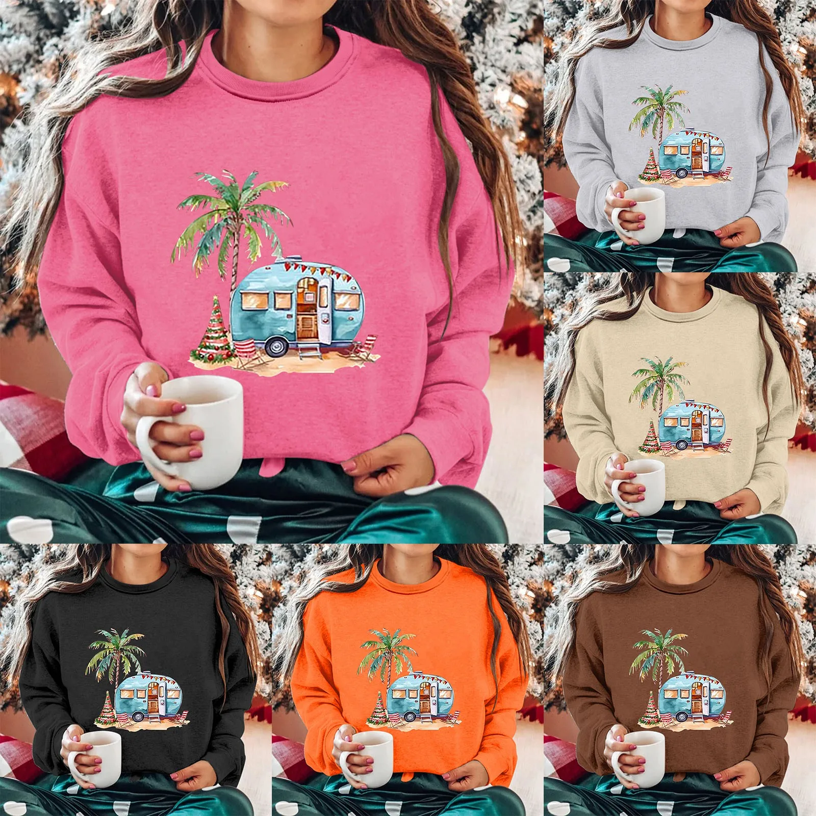 Women's Round Neck Long Sleeved Coconut Tree Printed Hoodie Alien Outfit Women Cotton Pullover Sweaters Women