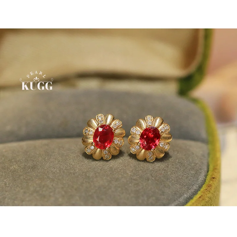 

KUGG серьги из 100% желтого золота 18 карат, модные серьги-гвоздики в форме цветка из натурального рубина для женщин, подарок на день рождения, ювелирные изделия с высоким драгоценным камнем