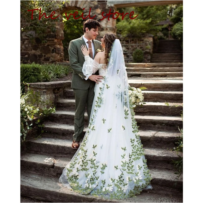 

Green Leaves Yellow Flowers Floral Wedding Veils Bridal Accessories Long Cathedral Lace Appliques White Ivory Tulle With Comb
