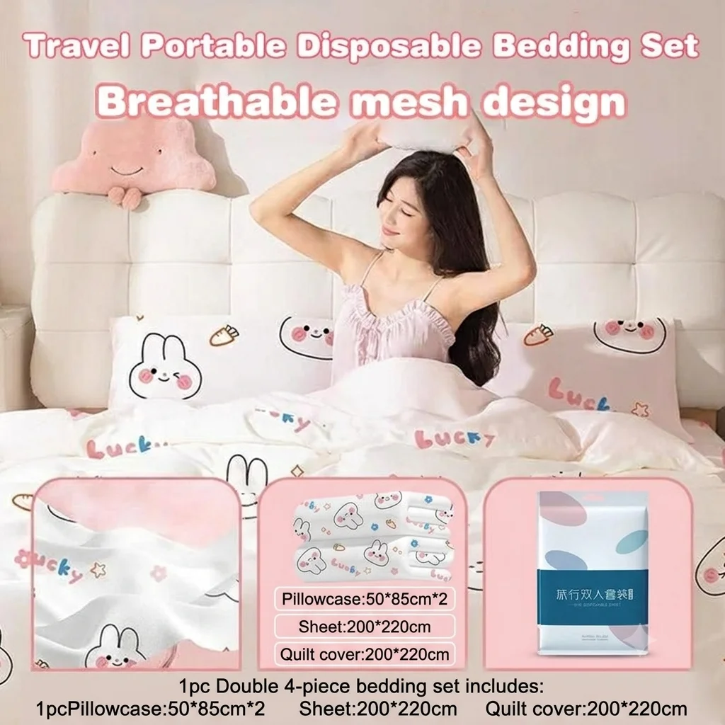Disposable Bed with Four Pieces, Hotel Thick Travel Disposable Bed Sheets, Duvet Covers, Pillowcases, Dirt Resistant Bedding