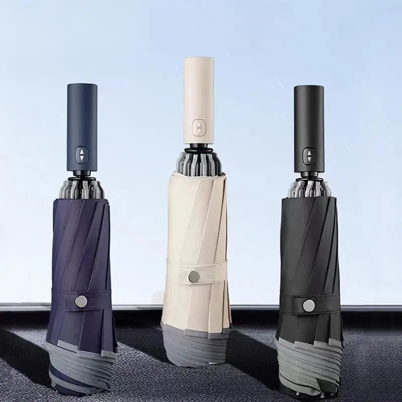 

10 Bone Tri-fold Reverse Automatic Umbrella Thickened Reinforced Fabric Windproof Rainproof Protection Safety Reflective Edges