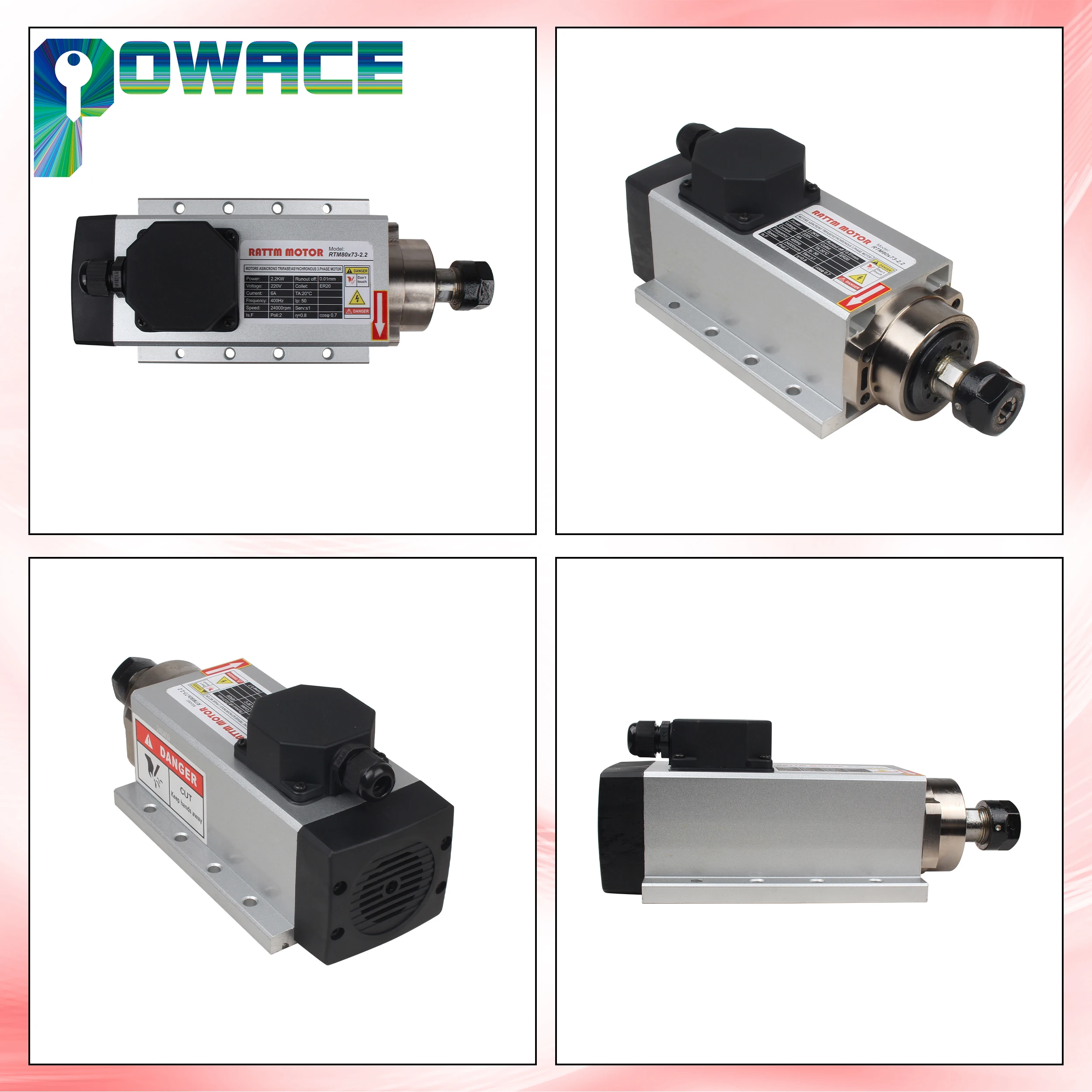 POWACE 2.2KW ER20 CNC Air Cooled Spindle Motor Square For Woodworking Router Engraving Milling Machine