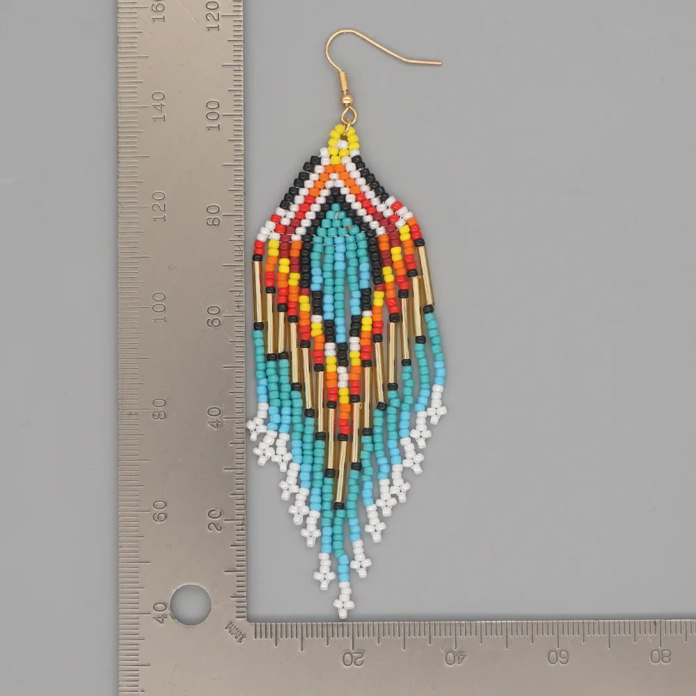 

ZGMXR Rice bead earrings Tassel Originality Long pipe design Hand knitting Bohemia Alloy Female Fashion Simple Beaded earrings