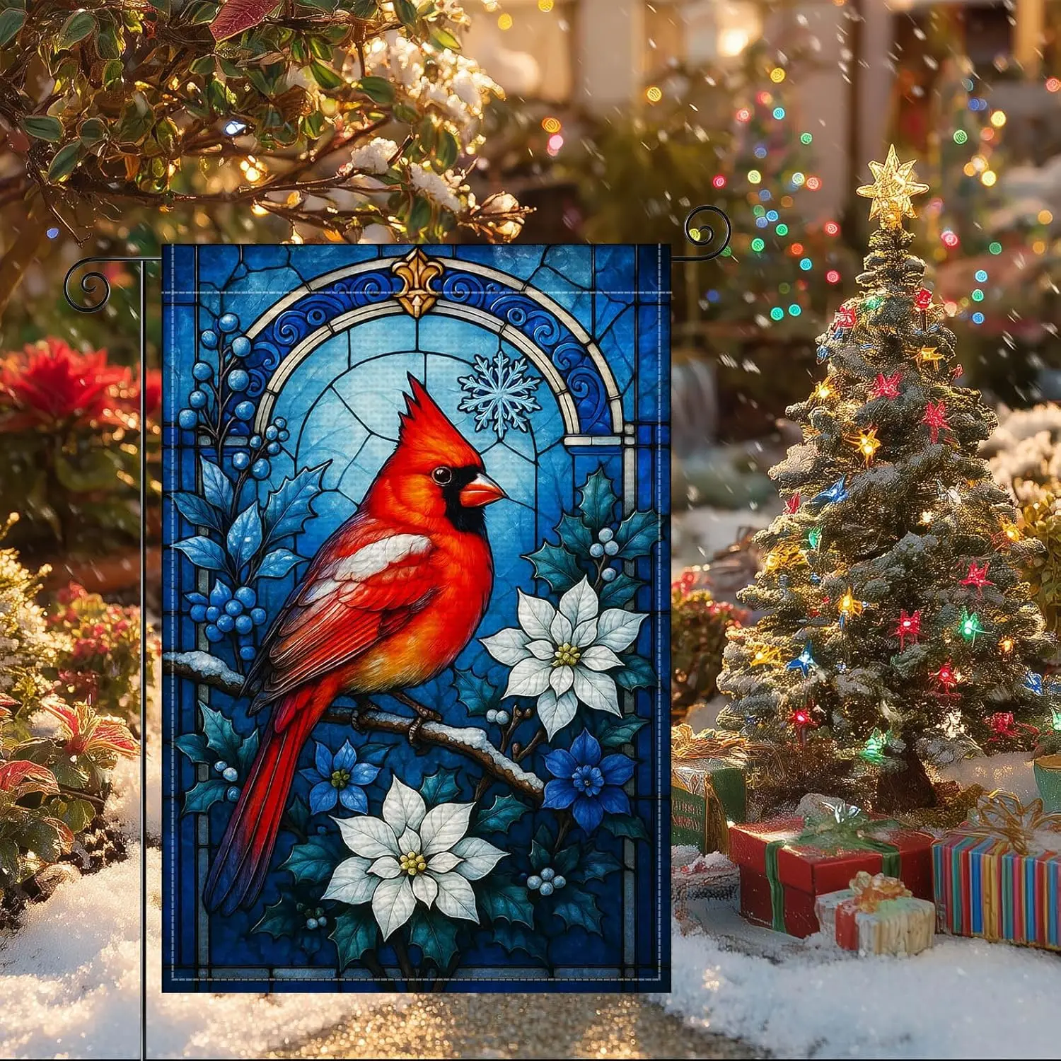 Red Cardinal Blue Floral Garden Flag Double Sided 12x18 Inch Burlap Winter Garden Flag Seasonal Banner for Indoor and Outdoo llz