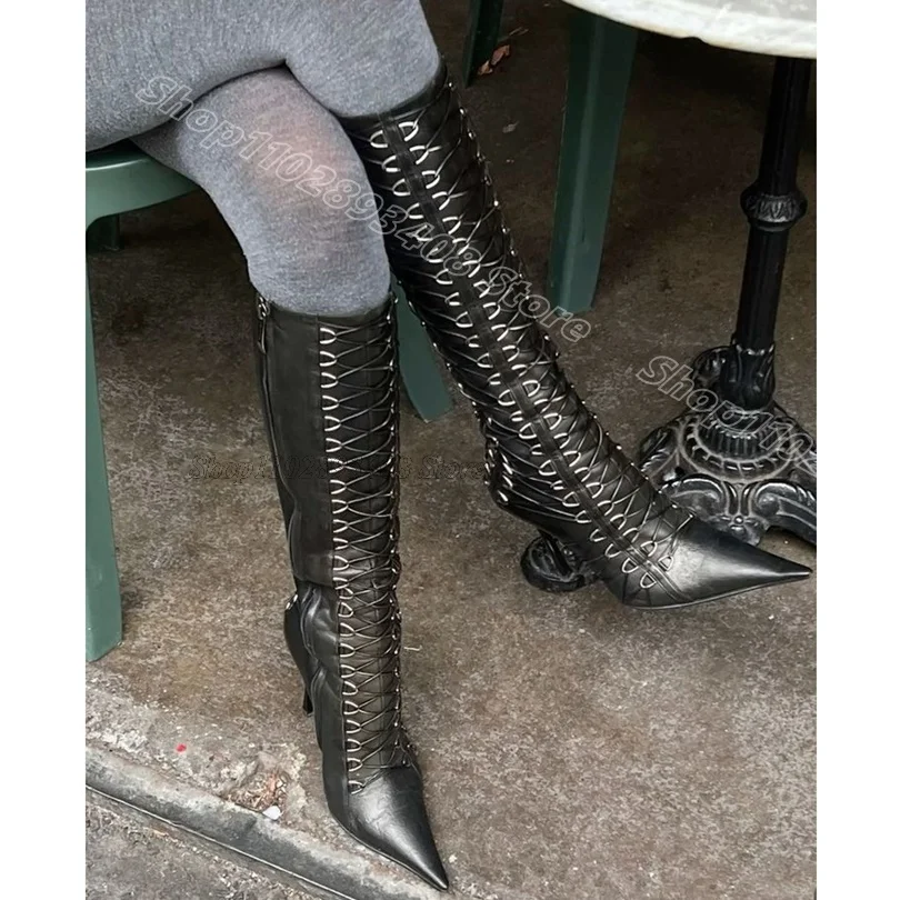 

Black Personality Pointed Toe Boots Side Zipper Stiletto New Stylish Spring Women Casual Party Knee Boots Zapatos Para Mujere