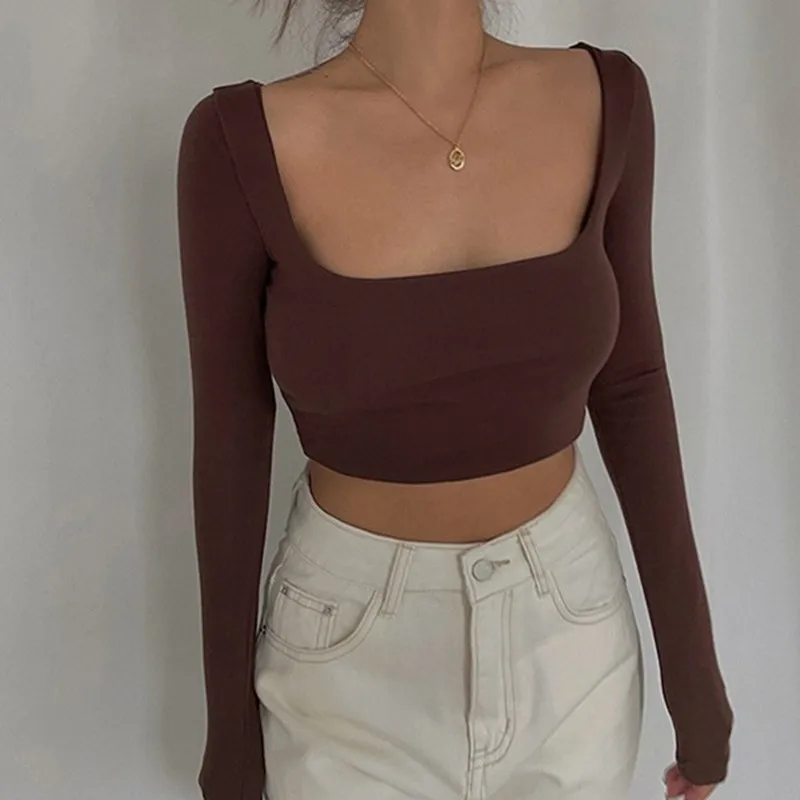 Женский укороченный топ с квадратным вырезом, черная или белая Повседневная футболка с длинным рукавом и квадратным вырезом, весна-лето