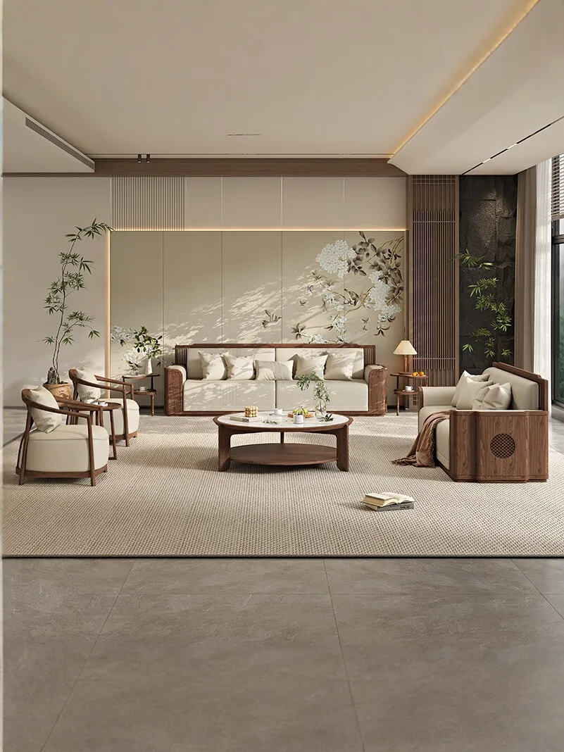 Black walnut new Chinese solid wood aesthetic living room sofa combination Zen villa light luxury furniture