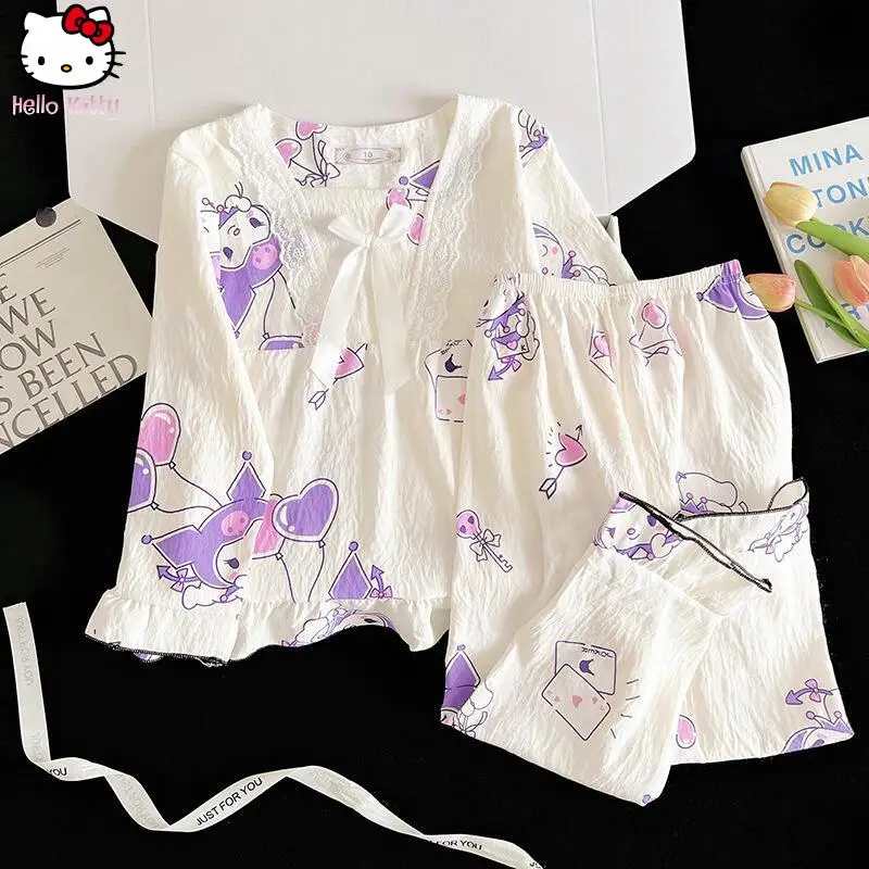 

Хлопковая домашняя одежда «Hello Kitty» Kuromi для девочек, детская одежда в стиле аниме Sanrio, осенняя новинка Melody Kawaii Cinnamoroll, милая одежда для сна с героями мультфильмов