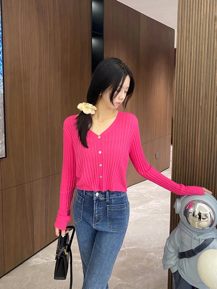 

Розовый вязаный тонкий кардиган с защитой от солнца, V-образный вырез, приталенный, для весны и лета, повседневный стиль, стандартный крой