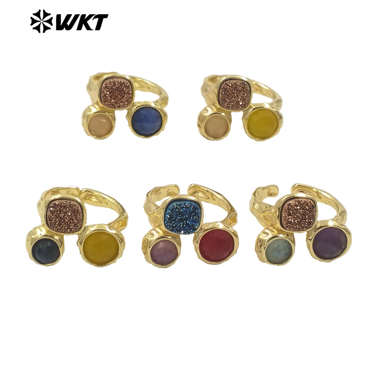 WT-R521 Hot Selling Unique ring Natural Colored Druzy Quartz Three Stone Design Exquisite Adjustable Ring Ladies Everyday Acc