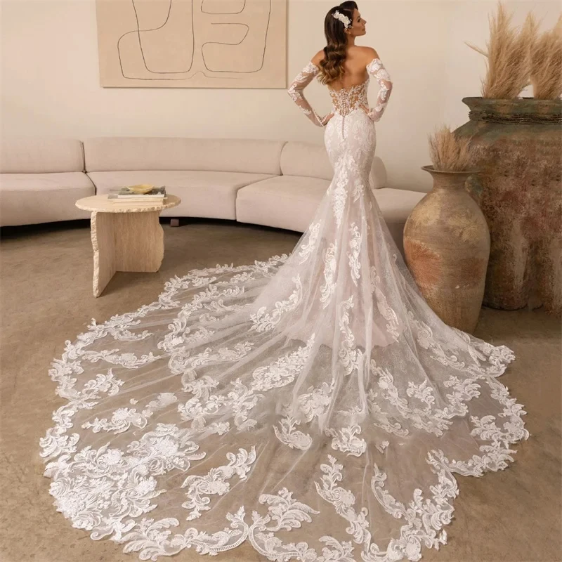 Haohao Luxury Wedding Dress Women Mermaid Open Back Lace Sweetheart Long Sleeve Bridal Gown Court Train Vestidos De Novia