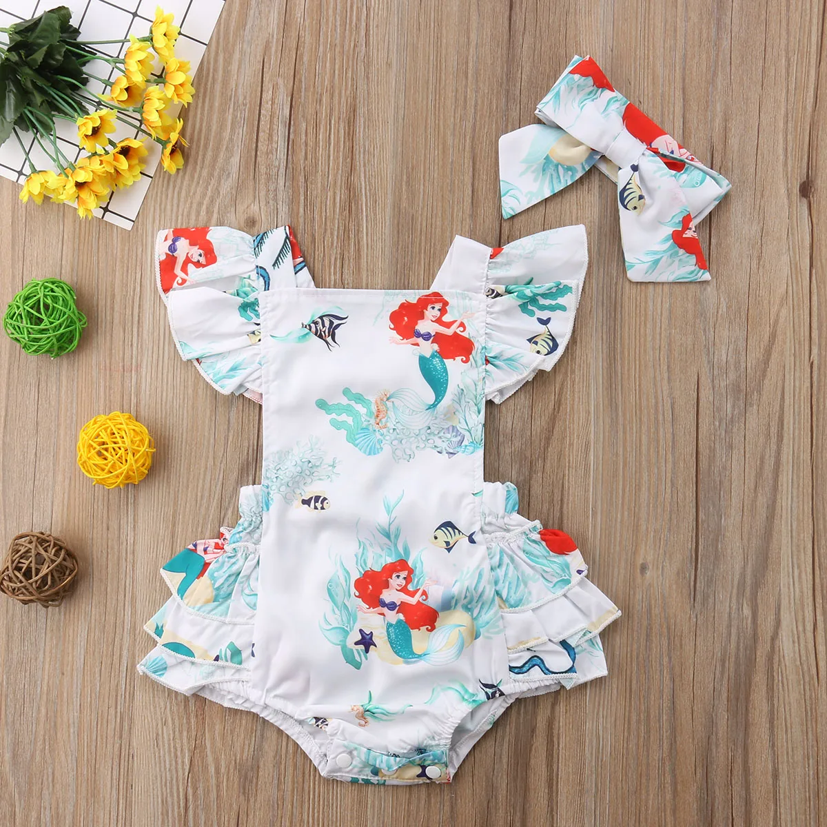 Baby Girls Summer Romper With Hair Band Mermaid Printed Ruffle Sleeve Back Straps Outfit Hollow Back Button Closure Jumpsuit