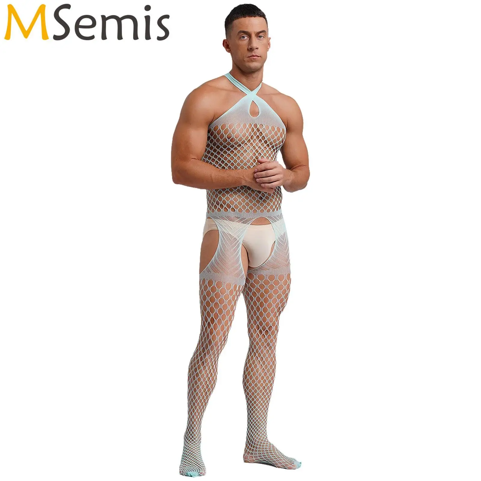 Sexy Mens See-through Cutout Unitard Skinny Jumpsuit Nightwear Lingerie Hollow Out Fishnet Crotchless Bodystocking Bodysuit