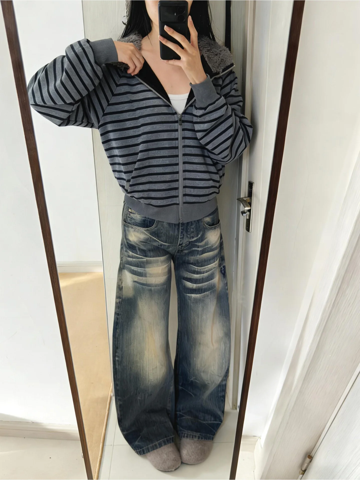 

Washed Vintage Slim Fit Jeans Women's High Street Style Summer New Loose Wide Leg Denim Pants for Pear Shaped Body Slimming