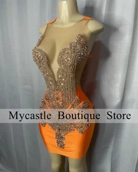 Orange Velvet Beaded Short Prom Dress 2024 For Black Girls Crystals Rhinestones Cocktail Dress Birthday Dress Homecoming Dress