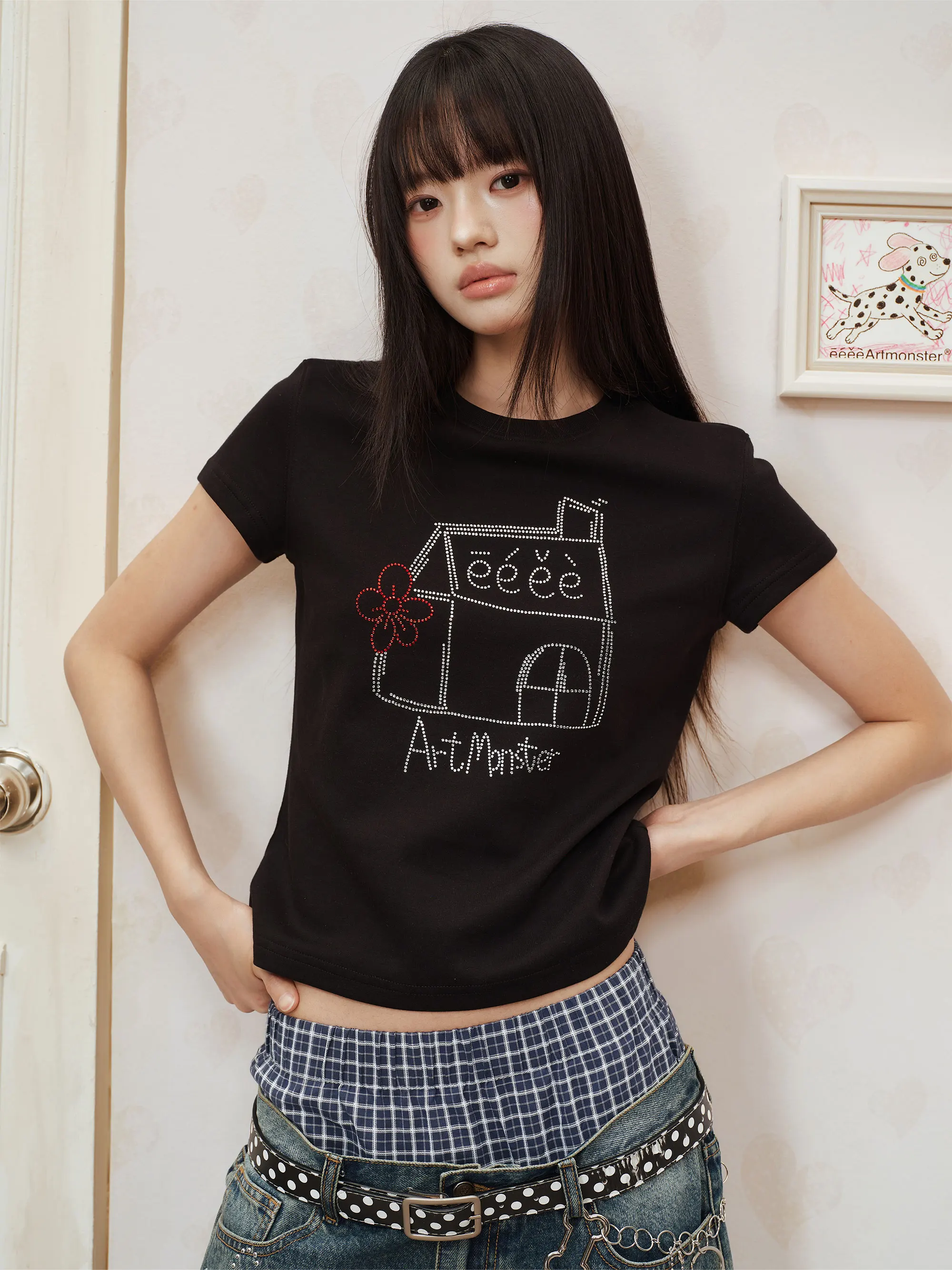 Drawn House Short Sleeve Slim Fit round Neck T-Shirt Glittering Flower Room Eee Design Korean Style Cotton Polyester Blend Su...