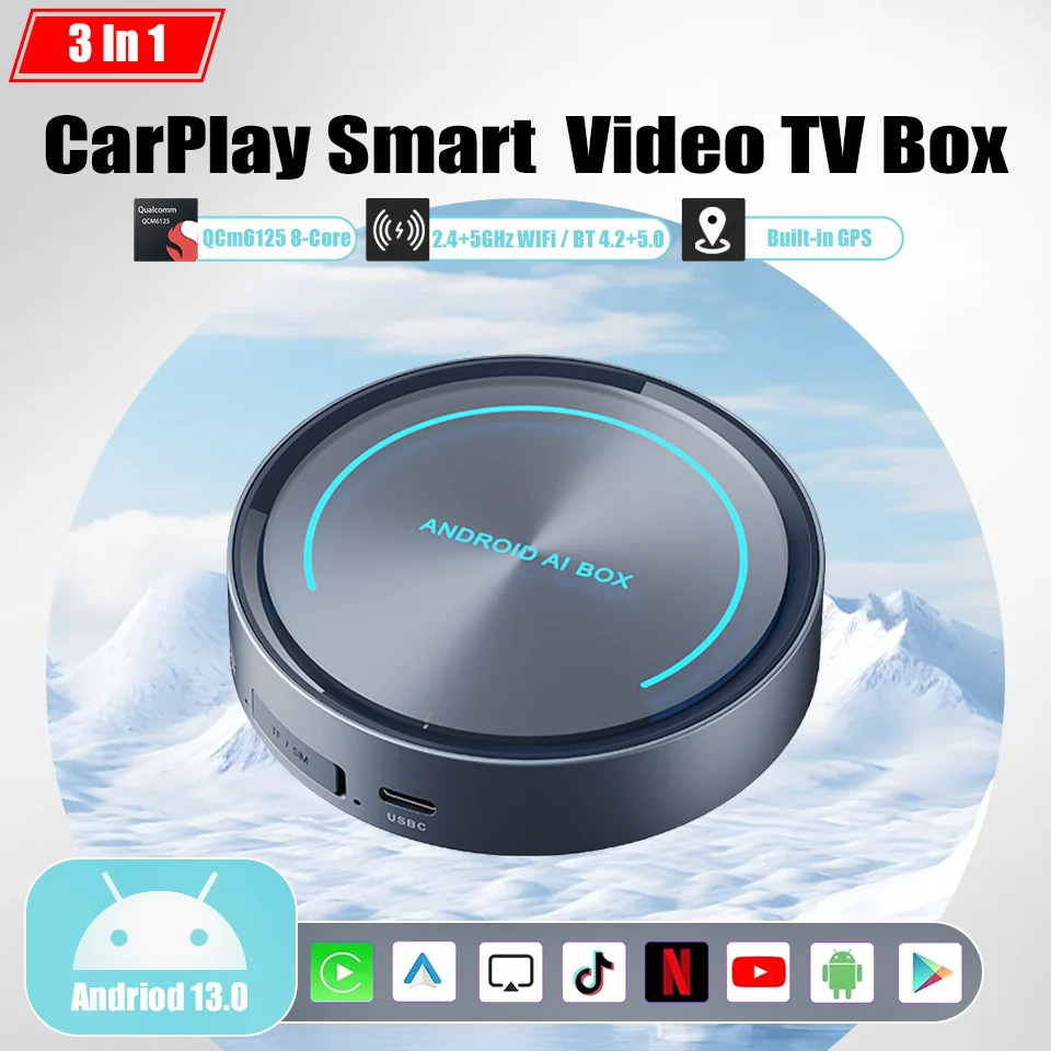 New CarPlay ai Box Andriod 13.0 Apple CarPlay Andriod Auto 3-in-1 Smart Car System 8 +128GB Expandable TF SIM GPS Navigation