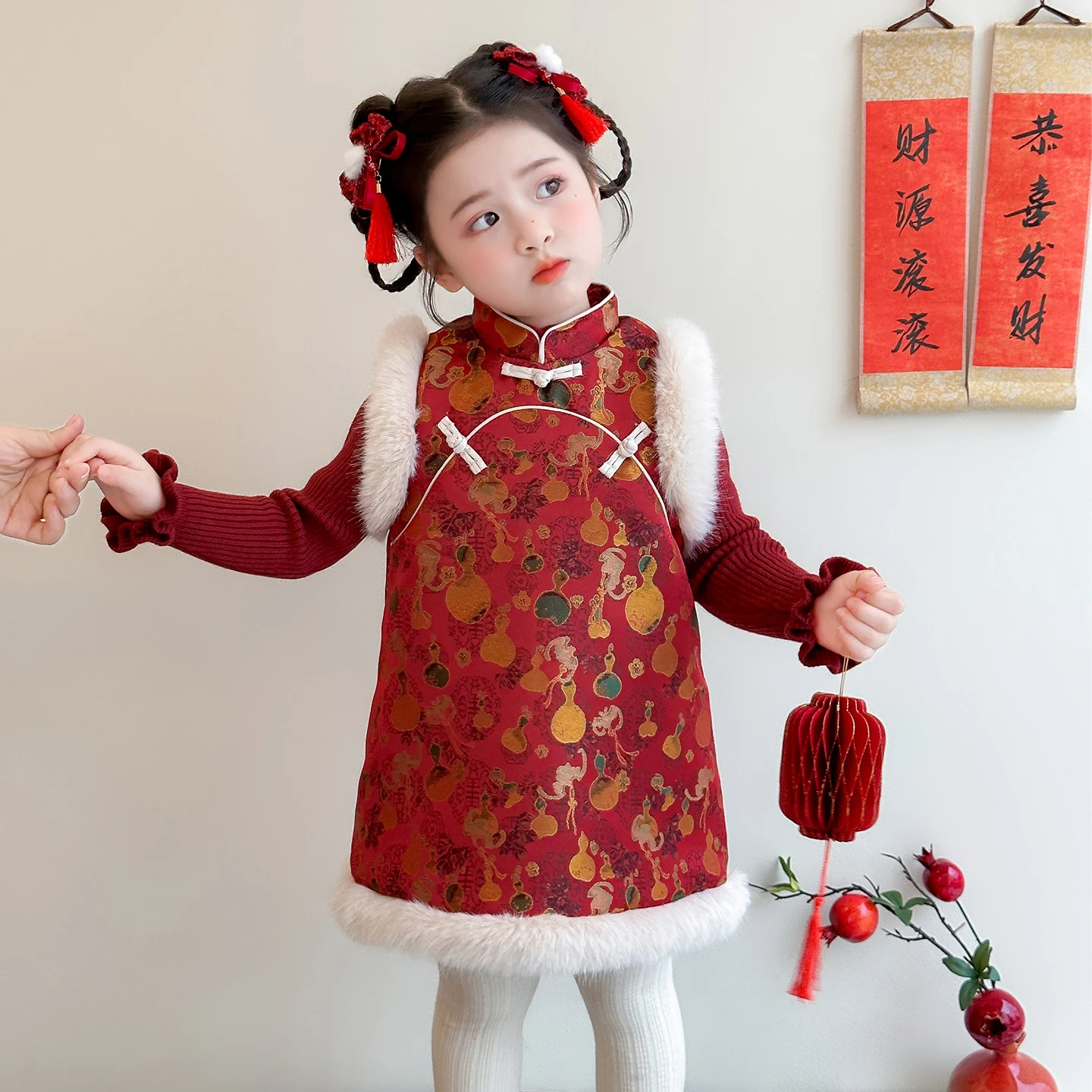Girls Cheongsam Winter Children Clothes Thickening Kids Tangsuit Baby Traditional Chinese Sping Festival Vest Dress with Sweater