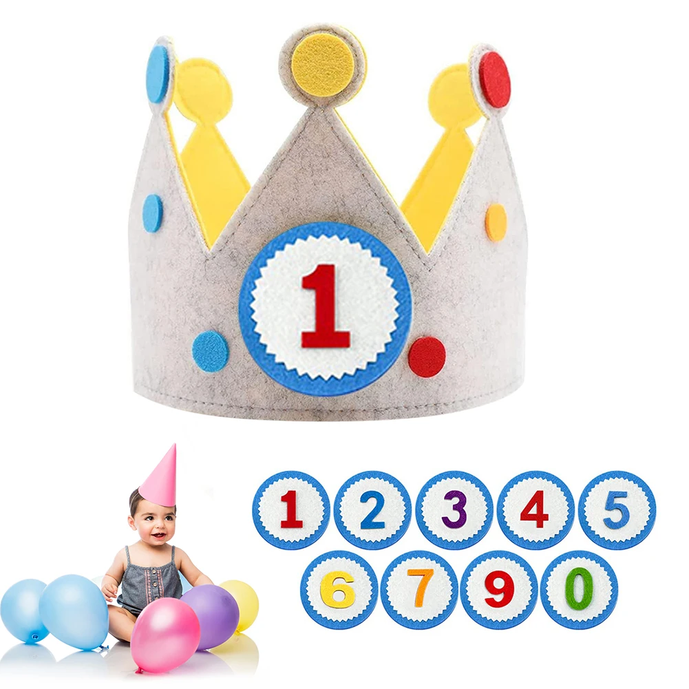 Coroa de Aniversário em Feltro, Presente para o Dia das Crianças, Coroa com Números Intercambiáveis, Tamanho Ajustável para Meninas e Meninos, Decoração para Festa de Aniversário