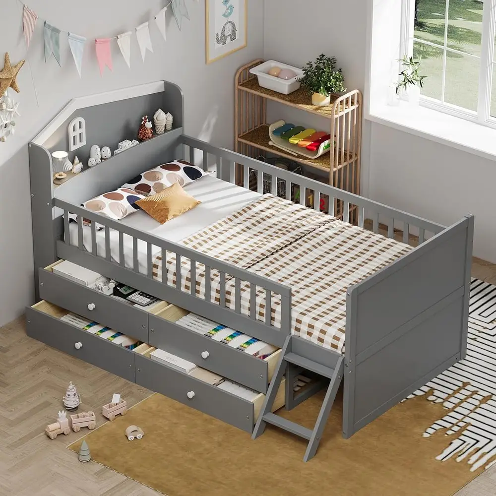 

Серая двуспальная кровать для хранения вещей с дизайном игрового домика, ящиками и лестницей для детей