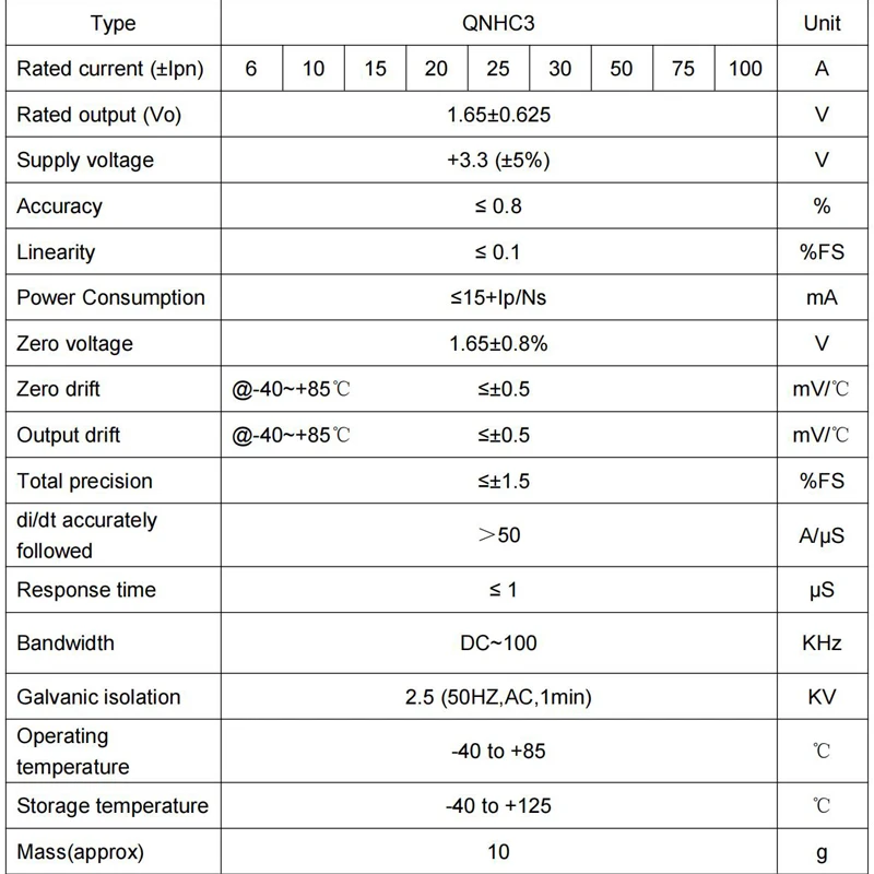 hall current sensor QNHC3 Output 2.5±2V 1.65±0.625V Input 6A 10A 15A 20A 25A 30A 50A transformer ct dc Hall Current Transducer