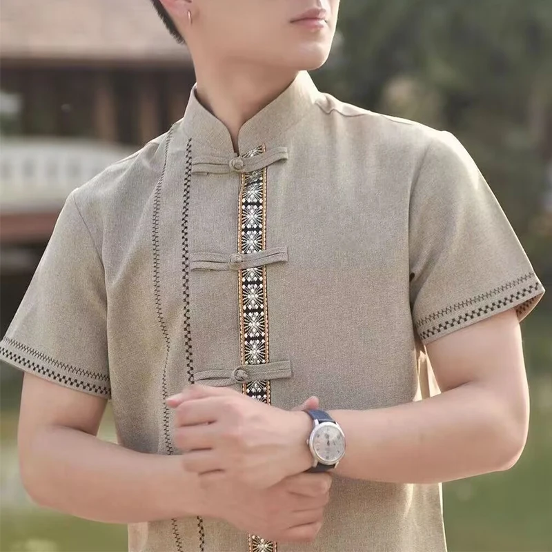 Men Stand-up Collar Shirts Dai Traditional Clothing Hotel Restaurant Waiter Work Clothes Daily Wear Vietnamese Ethnic Thai Tops