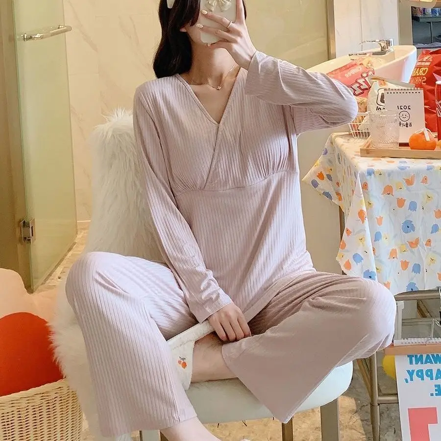 Breastfeeding Clothes Set Spring Thin Long sleeved Pants with Chest Mat Pajamas Pregnant Women  Postpartum Nursing Pajamas