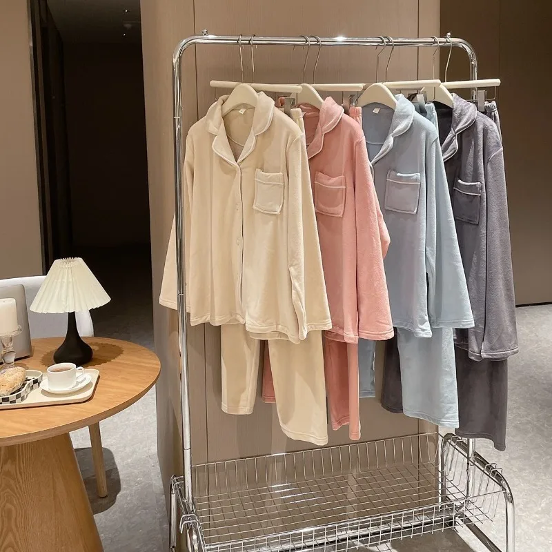 

Autumn/Winter New Style Fashion Couple Sea Island Velvet Long Sleeve Pants Home Clothes Simple Cardigan Couple Two Piece Set