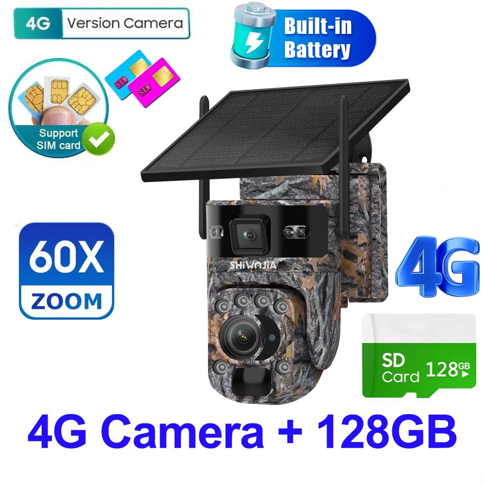 SHIWOJIA 6K 12MP 4G zonne-beveiligingscamera 60X ZOOM buiten 360 °   Bekijk Animal Monitoring Solar Battery Security Surveillan Video
