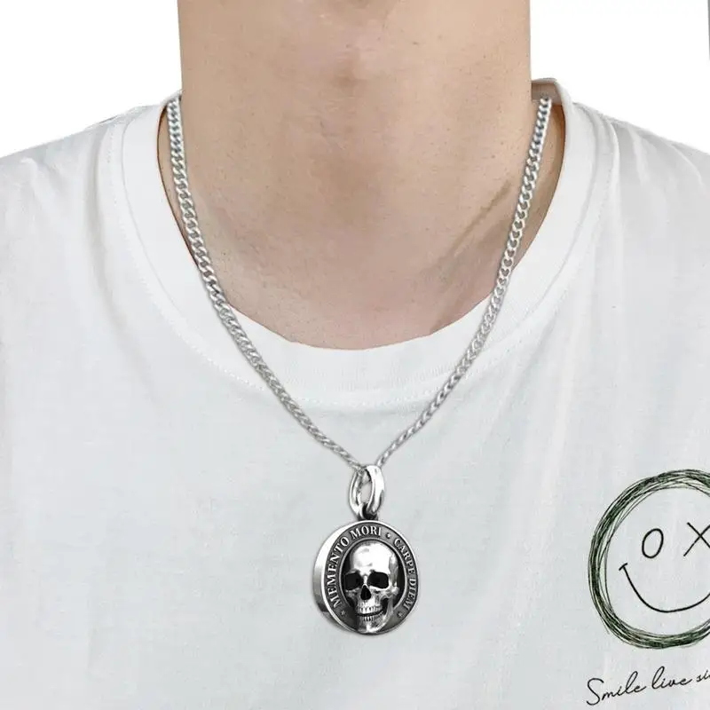 Halloween Skull Pendant 3D Skull Pendant Charm Necklace Realistic Festive Necklace 3D Effect Silver Skull Head Men's