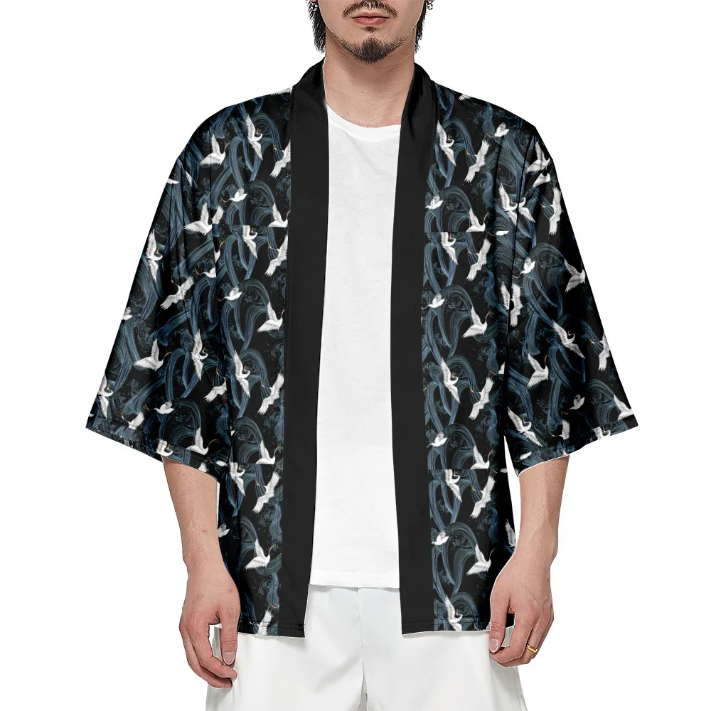 

Fashion Crane Print Haori Shirts Streetwear Harajuku Men Women Traditional Cardigan Tops Beach Yukata Japanese Kimono Plus Size