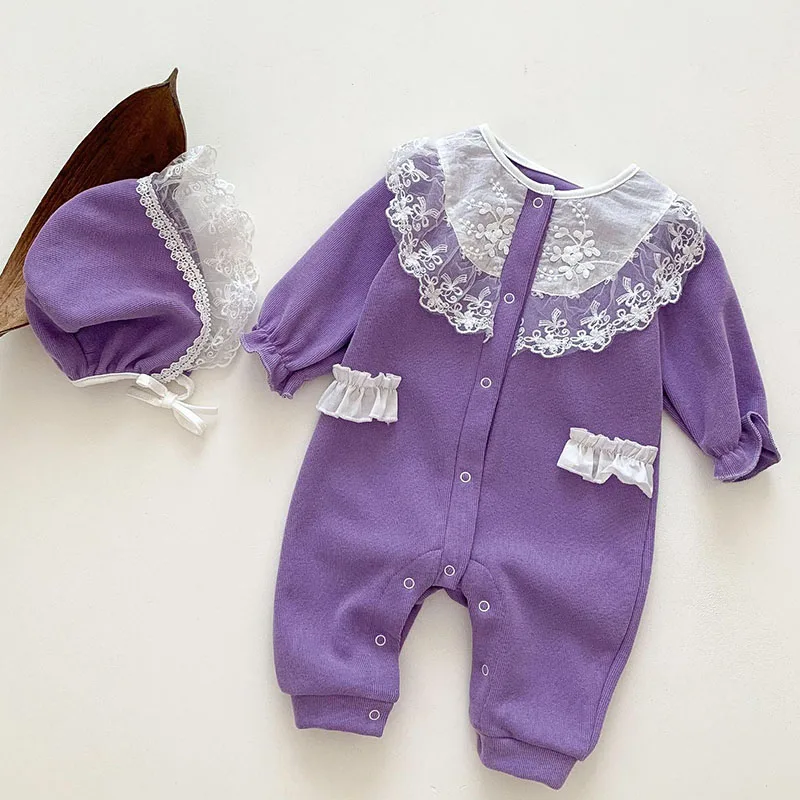 

Newborn Baby Girls Jumpsuit+Hat Lace Splicing Cotton Long Sleeve Infant Baby Girls Romper Spring Autumn Baby Girls Clothes