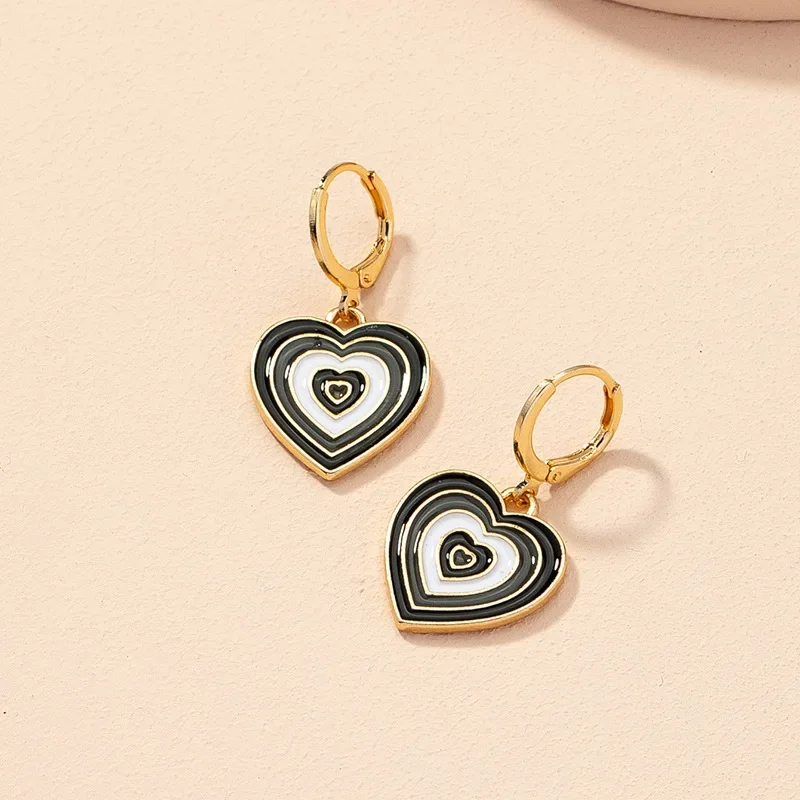 Enamel Multilayer Circle Heart Shaped Dangle Earring for Women Black White Gray Jewelry Temperament Kids Christmas New Year Gift