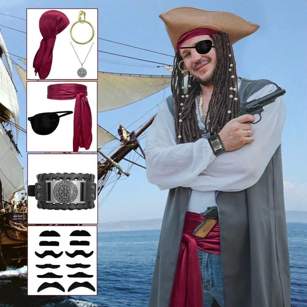 Caribbean Pirate Headscarf Adult Bandana Eye Patch Fake Beard Necklace Bracelet Ear Clip Belt Full Set Halloween Pirate Cosplay