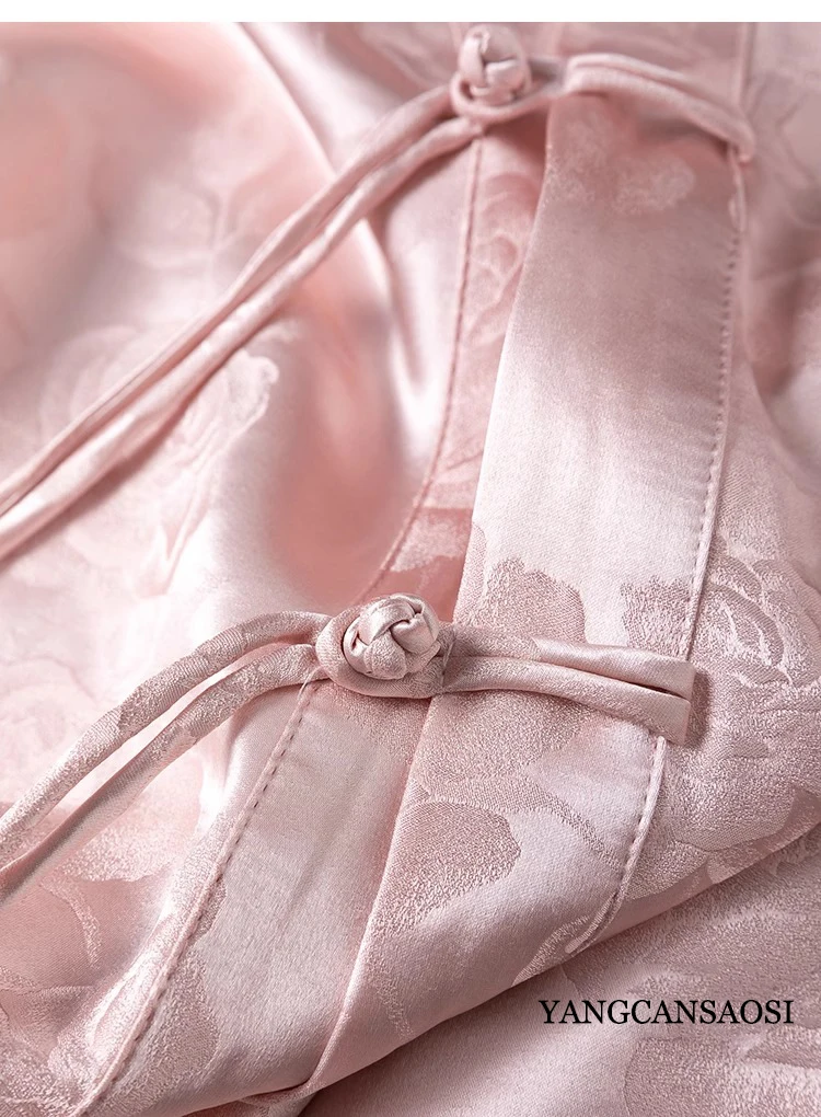 32MM Heavyweight 100% Natural Mulberry Silk Jacquard Satin Pink V-neck Off Shoulder Sleeves Irregular Hem Women's Fashion Shirt